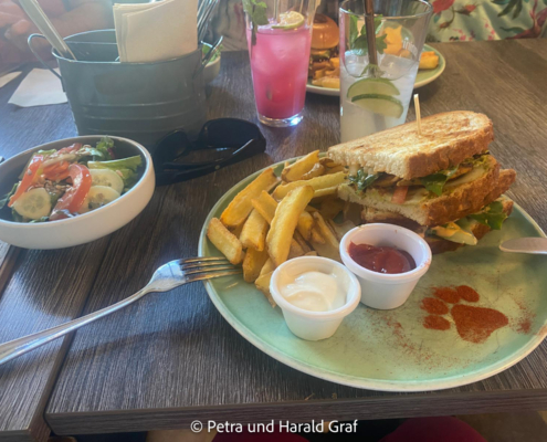 Feines Sandwich und wirklich gute Pommes im Katzencafé Feines Sandwich und wirklich gute Pommes im Katzencafé