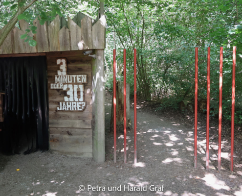„3 Minuten oder 30 Jahre“ heißt diese Installation. Drei Minuten lang bekommt man einen kleinen Eindruck davon, was manche Bären jahrzehntelang als Zirkusbären aushalten mussten. Danach ist man wieder draußen. Die Bären waren das oft erst nach Jahrzehnten.