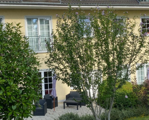 „Unsere“ Terrasse. Die Polster nimmt man sich aus einer Kiste – und verstaut sie nach Gebrauch selbstverständlich auch wieder dort.